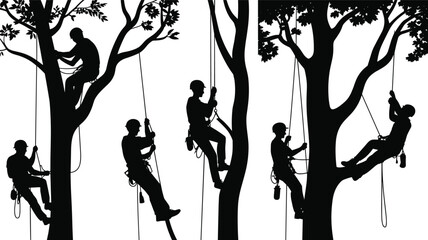 Professional arborist tree climber silhouette illustration, forestry workers cutting tall trees set, rope access service concept, isolated white background