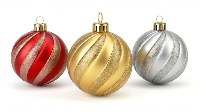 Group of Festive Christmas Ornaments: Red Gold Silver Swirls on White Background