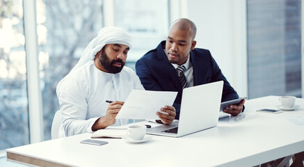 Laptop, documents and men in meeting, investor and planning for stock market opportunity Employees,...