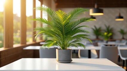 Obraz premium Potted palm plant on a table in a sunlit restaurant interior