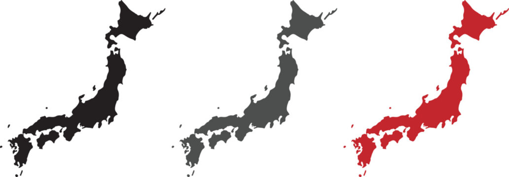 High-Quality Silhouette Map of Japan Set &ndash; Detailed Vector Outline Graphics of the Japanese Archipelago in Black, Charcoal Gray, and Red for Travel, Business, and Geographic Design