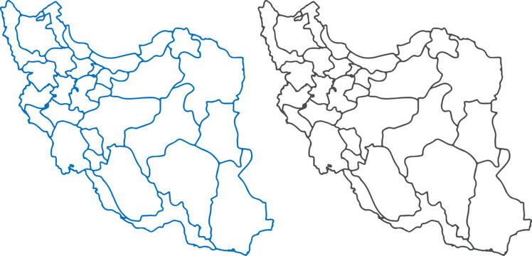 Detailed Vector Outline Map of Iran Provinces &ndash; Set of Blue and Black Administrative Borders and Geographic Territorial Divisions of the Islamic Republic of Iran