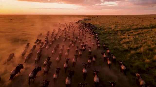 Aerial drone footage of a large herd of wildebeest migrating across savannah at sunset with dust rising on transparent background