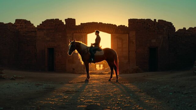 Akhal Teke horse and rider at sunset near ancient ruins