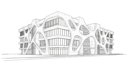 Fototapeta premium Detailed architectural sketch of a modern building with a unique organic facade design.