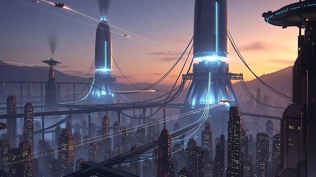 futuristic cityscape with blue towers and flying vehicles