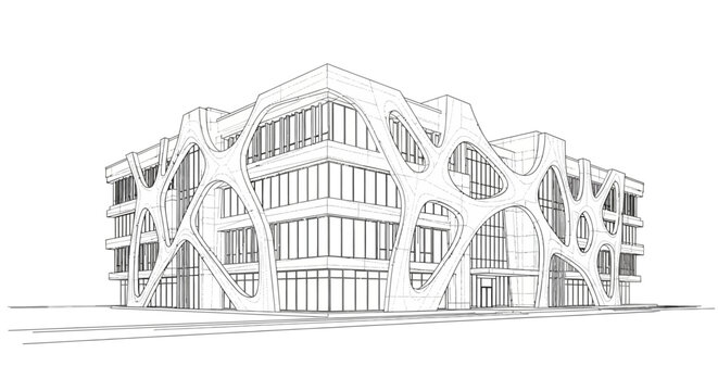 Detailed architectural sketch of a modern building with a unique organic facade design.