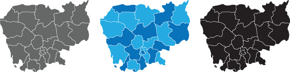 Cambodia Administrative Map Set: Detailed Provincial Vector Outline Icons in Blue, Grayscale, and Black Silhouettes for Infographics and Data Visualization