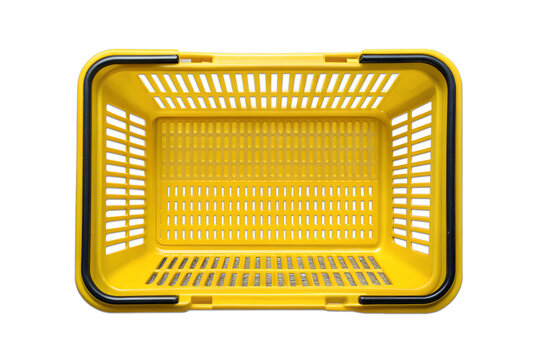 Overhead view of a vibrant yellow plastic shopping basket on png, shopping basket, yellow basket, plastic basket, store basket, supermarket basket, shopping container, retail, grocery, market, contain