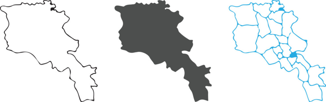 Armenia Map Silhouette and Administrative Districts Vector Set: Detailed Outline, Solid Icon, and Regional Borders of the Republic of Armenia for Infographics and Geography Design