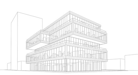 Fototapeta premium Architectural line drawing of a modern multi-story building with cantilevered glass facades and a minimalist design.