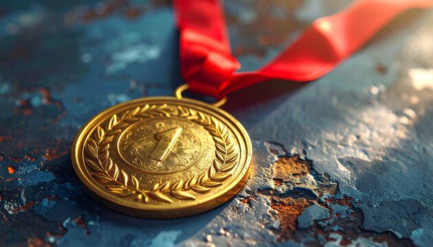 Gold medal with red ribbon on textured surface showcasing victory and achievement for stock photography use.