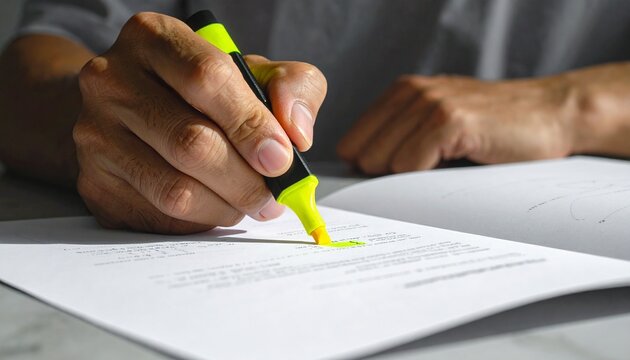 Close up of a person highlighting text in a document with a bright highlighter focus on key details selective emphasis marking important sections.