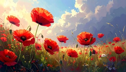 Obraz premium Red Poppies in a Dreamlike Field under a Sunny Sky Artistic Floral Landscape Painting Serene Nature Scene Wildflowers Meadow.