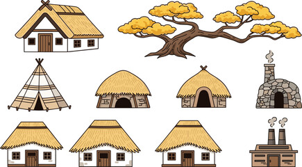 Vector illustration set of ancient primitive dwellings featuring thatched roof huts a Native American tipi stone oven and a large spreading autumn tree. © MdGohurul