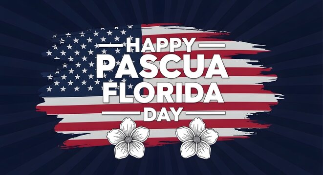 A professional greeting card or banner for Pascua Florida Day, featuring the American flag, festive floral icons, and elegant typography on a dark blue background. Perfect for Florida's state holiday 