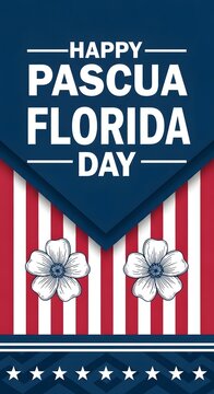 A professional greeting card or banner for Pascua Florida Day, featuring the American flag, festive floral icons, and elegant typography on a dark blue background. Perfect for Florida's state holiday 