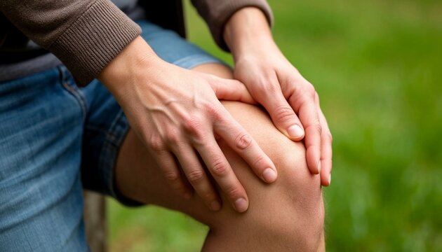 Close-up of supportive hands comforting knee pain outdoors. Ideal for health, wellness, physical therapy, and injury recovery concepts. Natural light, green background, authentic human connection.