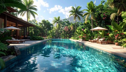 Tropical Paradise Oasis with Swimming Pool Resort Vacation Getaway Luxury Relaxation Serene Holiday Destination.
