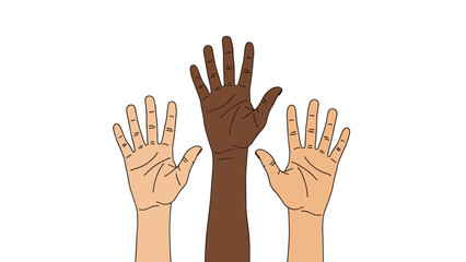 Obraz premium Three human hands with different skin tones are raised upwards to represent diversity, inclusion, and community unity.