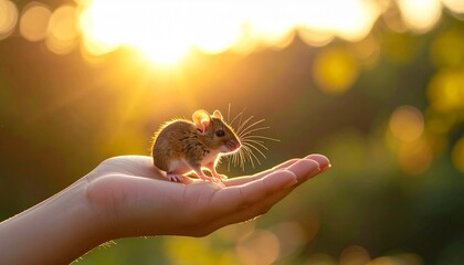 Tiny Wild Mouse Resting Gently On a Hand in Sunlit Meadow Delicate Wildlife Encounter.