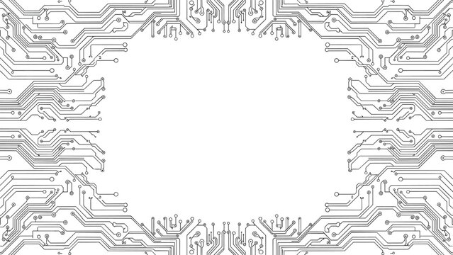 Decorative border pattern made of black and white electronic circuit board traces and pathways on a white background.