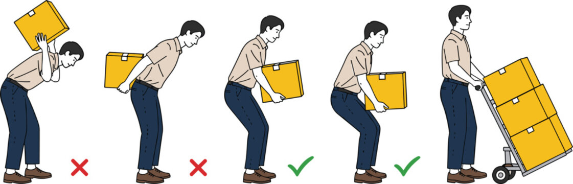 Vector illustration showing correct and incorrect manual handling techniques for lifting heavy boxes with red cross and green checkmark for workplace safety training.