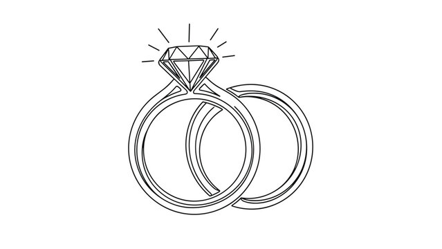 Beautiful black and white line art illustration of two interlocking engagement rings with a large sparkling diamond.