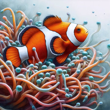 A clownfish in an anemone ink drawing art print, Ai generated image