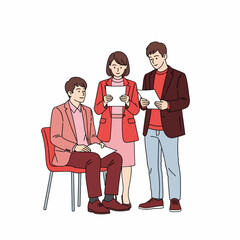 Obraz premium Three colleagues in business casual attire discussing documents and collaborating in a meeting.