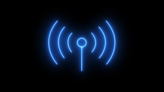 glowing neon antenna signal icon isolated on black background. antenna with radio waves. wireless signal and network, Wifi internet, broadcast signal and telecom tower, cellular communication.