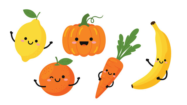 Group of adorable cartoon fruits and vegetables with happy smiling faces including a lemon pumpkin banana orange and carrot for healthy eating.