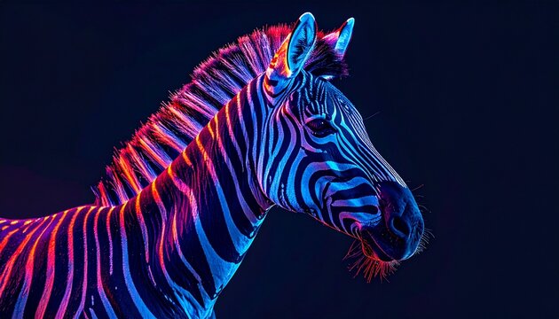 Zebra portrait with neon colors on black background vibrant wildlife photography for prints and backgrounds.