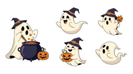 Naklejka premium Collection of cute ghost characters celebrating Halloween with witch hats pumpkins a bubbling cauldron and a spooky jack o lantern wand.