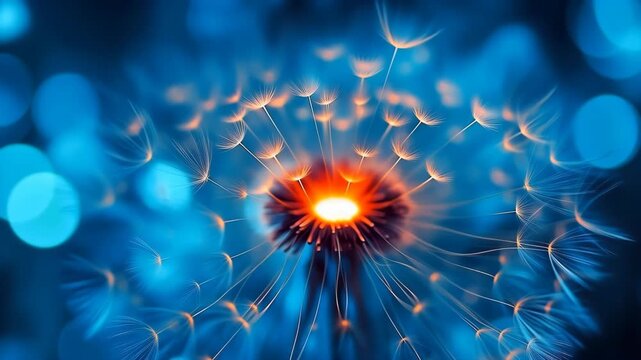 A close-up of the center glowing core of an orange and blue dandelion
