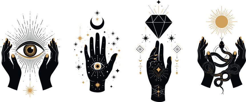 Set of mystical black and gold celestial illustrations featuring hands with the third eye moon phases stars diamonds and snakes for tarot and spiritual design.