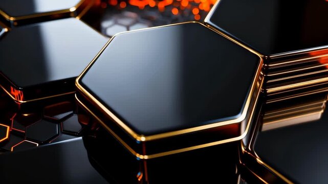 An abstract futuristic composition featuring a layout of interconnected glossy black hexagonal shapes