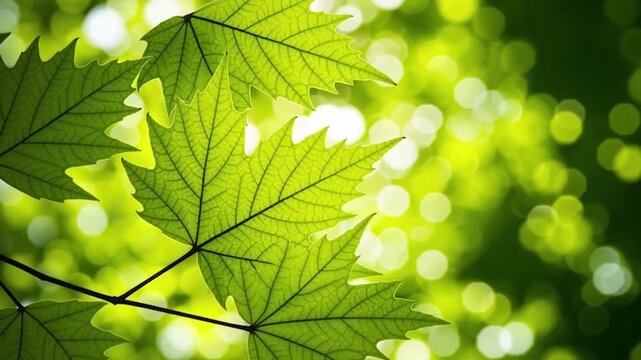 Green maple leaf with sunlight rays in summer forest natural bokeh background