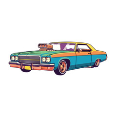 A colorful, vintage car with a large engine on the hood, depicted in a stylized illustration with bold lines and vibrant turquoise, orange, green, and yellow hues against a clean white