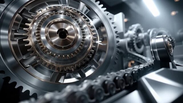 Massive precision gears and turbine components synchronize in a high-tech factory environment