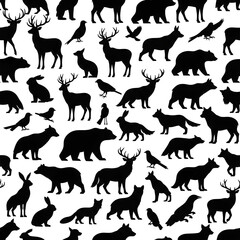 Fototapeta premium Seamless Pattern of Wild Animal Silhouettes on White Background 1.
