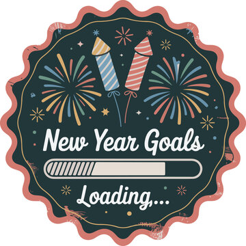 New year goals loading progress bar with festive fireworks and rocket rockets