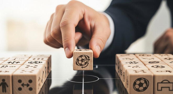 Man Hand Touching Football Strategy Icon Wooden Blocks Team Planning Sports Concept Light Blur Background