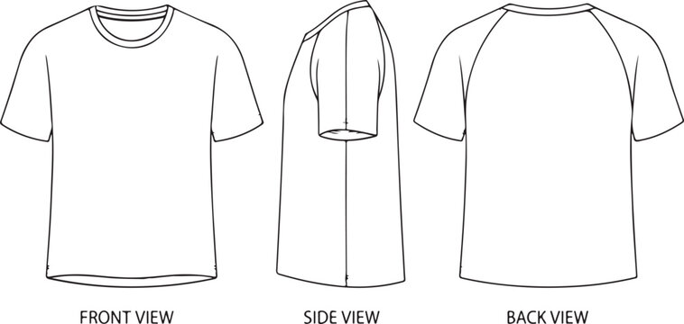 T-shirt Technical Sketch Vector Template with Front Side and Back View Outlines