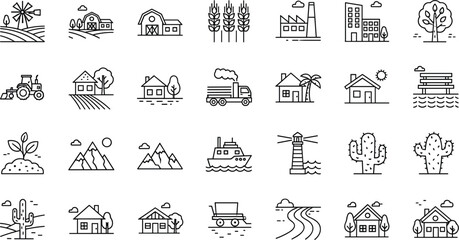 Extensive set of black line art icons featuring rural landscapes farm buildings city houses industrial factories mountains and coastal landmarks for map design and travel branding. © Hosneara