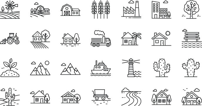 Extensive set of black line art icons featuring rural landscapes farm buildings city houses industrial factories mountains and coastal landmarks for map design and travel branding.