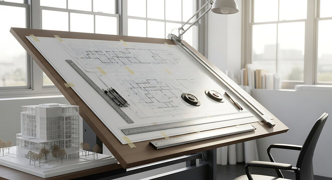 Minimalist architecture studio workspace with blueprints and scale model