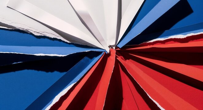Blue, red and white colors background banner, layered paper cut-out style, rough edges and shadows, contemporary art