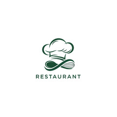 Fototapeta premium Restaurant logo featuring chef hat and utensils in minimalist design
