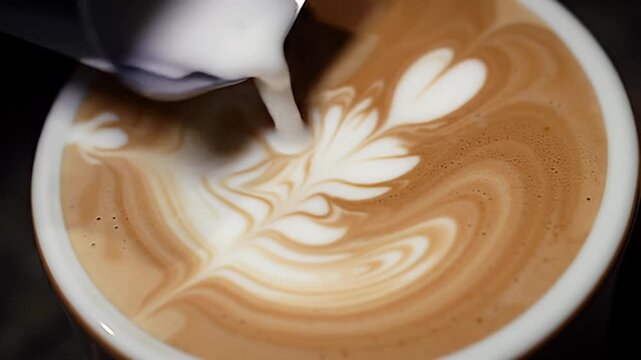 Close-up captures milk being poured into a coffee drink, creating a beautiful latte art pattern